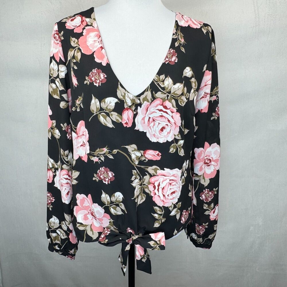 Guess Women Top Sz M Black Red Floral Print VNeck Front Waist Tie Cuffed Sleeves